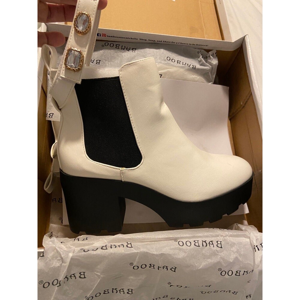 BAMBOO boots platform stacked heel bamboo white boots removable Velcro jewel 8.5 - Picture 8 of 10